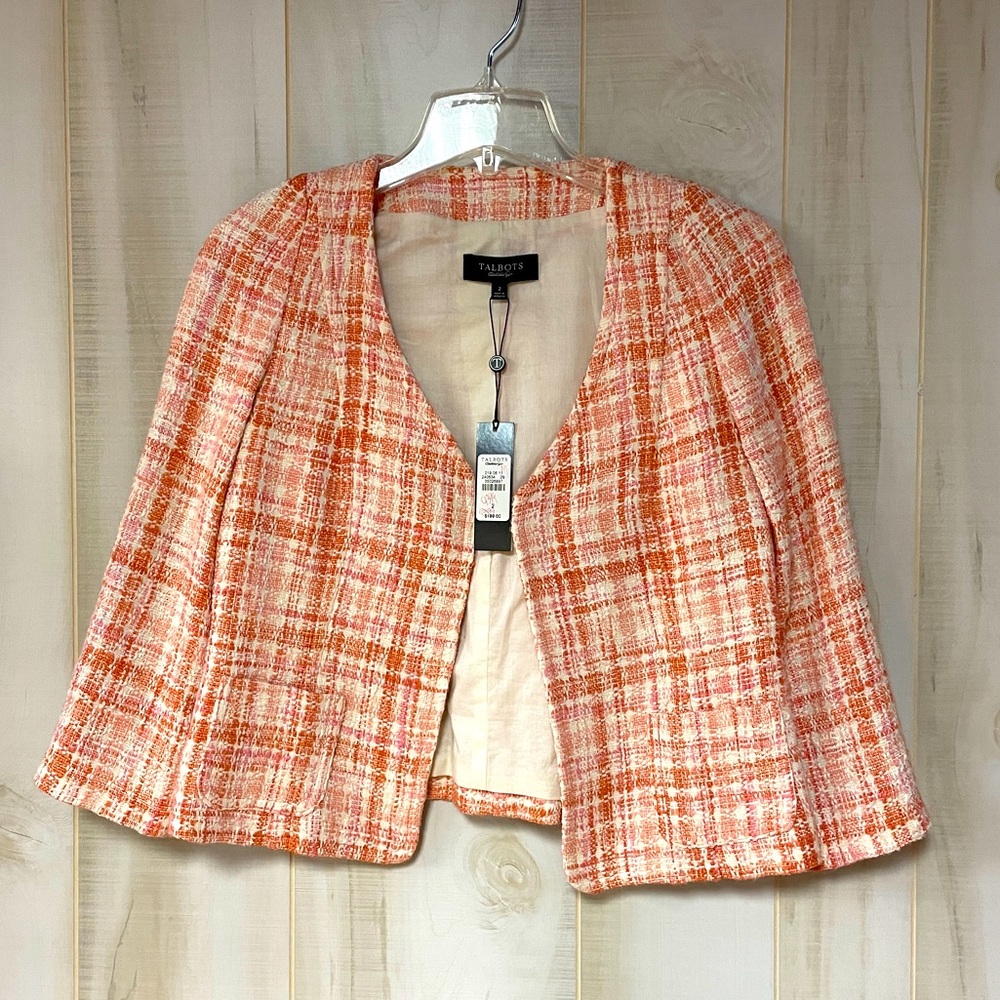NWT Talbots Pink Orange And White Plaid Boucle Open Jacket Sz 2 - Picture 1 of 6